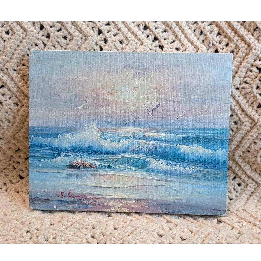 S Thompson Signed Ocean Seascape Oil Painting Canvas 10x8 Coastal Sunset Art